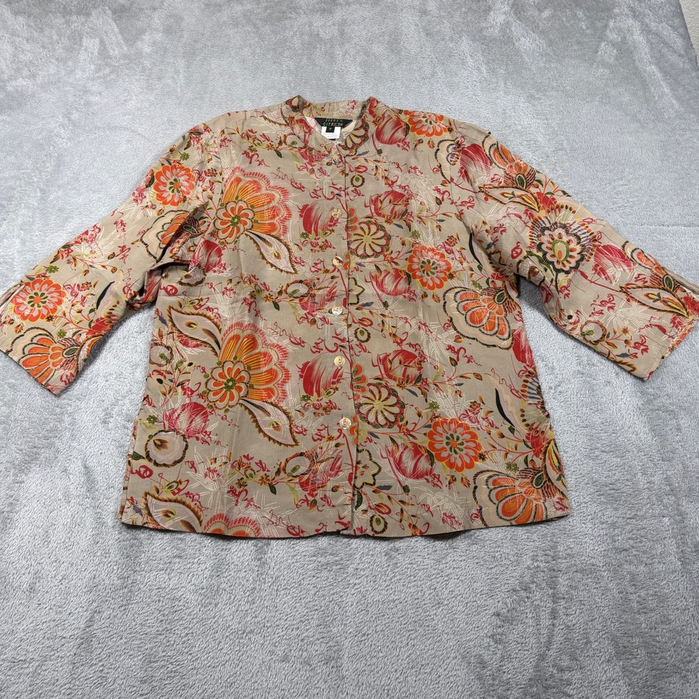 Poeme by Citron Womens Medium Tan Floral Silk Blend Asian Button Down Blouse